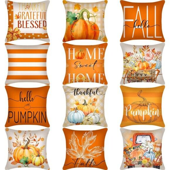 Fall Pumpkin Pillow Covers Set of 12 Thanksgiving Autumn Throw Pillow Cases 18x1 - Picture 1 of 8